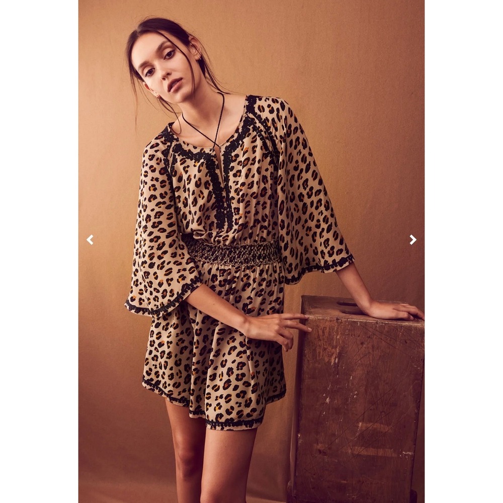 Kobi Halperin Mae Silk Leopard Print Dress Bell Sleeve Tassel Large *Flaw*